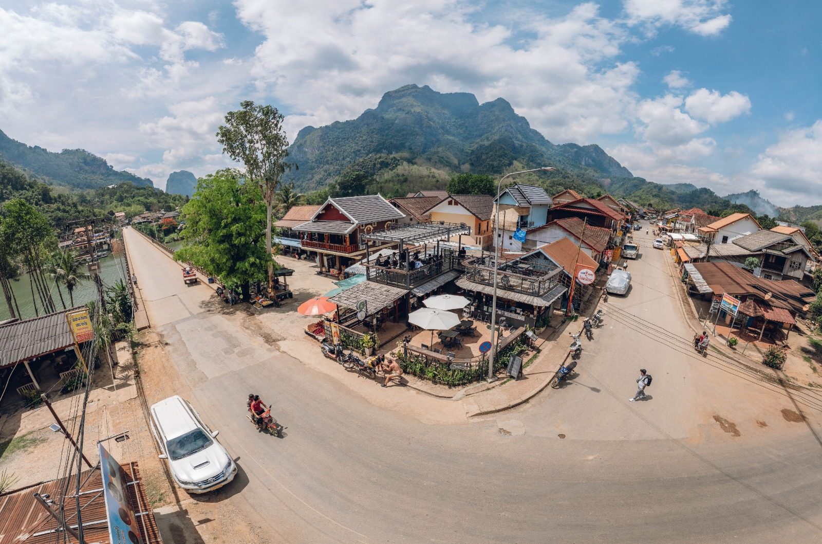 Aerial view of Nong Khiaw town and its main road